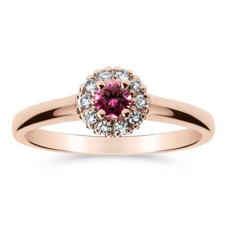 Rosekultainen halo-sormus, jossa vaaleanpunainen jalokivi ja timanttikehä – elegantti ja romanttinen design